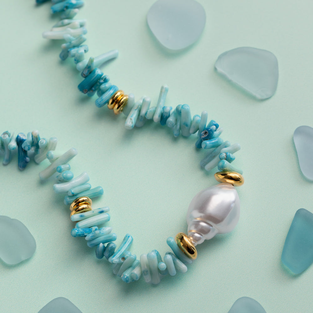 Blue Coral Chip & Pearl Necklace - Image 6