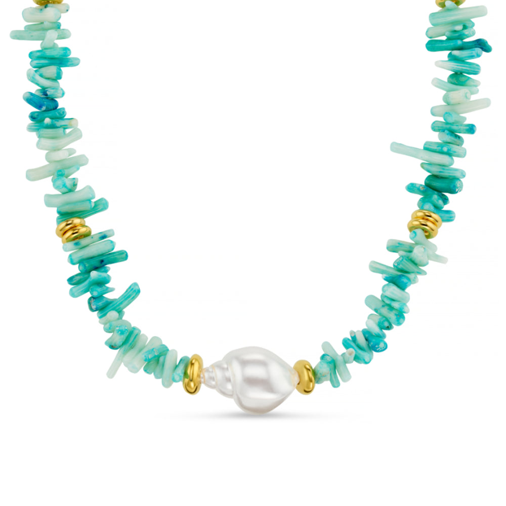 Blue Coral Chip & Pearl Necklace