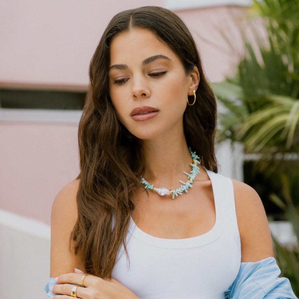 Blue Coral Chip & Pearl Necklace - Image 3